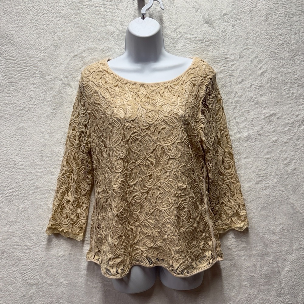 Adrianna Papell Crochet Lace Top Womens XL Beige Lined Elegant Cocktail Holidays